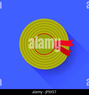 Sun Strohhut auf blauem Hintergrund isoliert. Ansicht von oben. Lange Schatten. Sommer Womans Kopfschmuck Stock Vektor