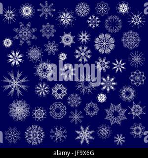 Reihe von verschiedenen Winter Schneeflocken auf blauem Hintergrund isoliert Stock Vektor