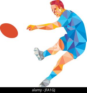 Rugby-Spieler treten Ball niedrige Polygon Stock Vektor