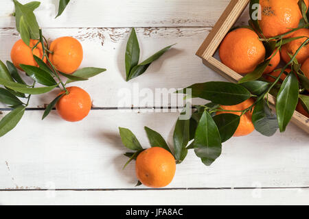 Mandarinen mit Blättern auf weissem Holztisch Stockfoto