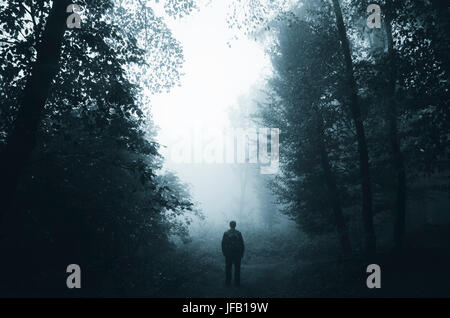 Mann in der Natur, dunklen Wald Phantasielandschaft Stockfoto