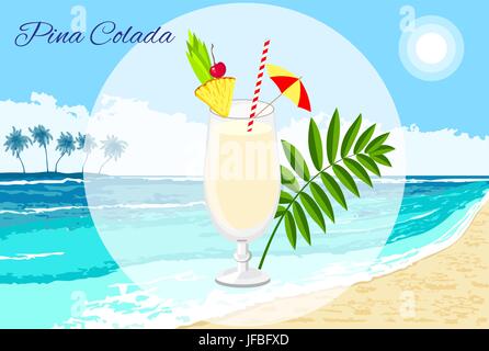 Pina Colada cocktail Vektor-Cartoon-Stil auf dem Meer Hintergrund. Sommer-Longdrink isoliert auf weiss für Restaurant, bar-Menü oder Beach Party banne Stock Vektor