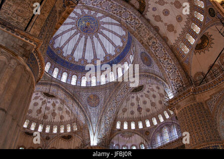 Nach oben an die Decke von der blauen Moschee oder Sultan-Ahmet-Moschee, mit cascading Kuppeln, Fliesen, komplizierte Designs, Muster, Fenster und Bögen. Stockfoto