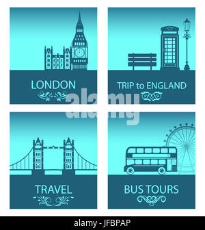 Abbildung abstrakt Postkarten für Reise von England mit Silhouette Hintergrund abstrakt London Skyline und Symbole der London- Stockfoto