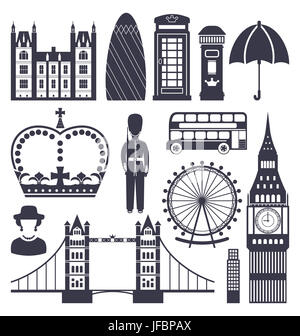 Abbildung Silhouette Symbole des Great Britain Königreich, Big Ben, Tower Bridge, Queen, Königinnenwache, Krone, Rad, Bus, Telefonzelle, Briefkasten, Umb Stockfoto