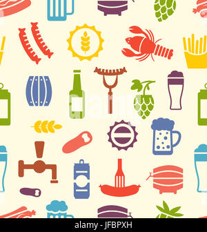 Abbildung nahtlose Textur mit bunten Icons an Bier und Snacks, Lebensmittel-Tapete- Stockfoto