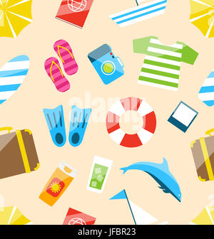 Abbildung Strand Seamless Wallpaper mit Tourismus Gegenstände und Ausrüstungen, bunte einfache Symbole- Stockfoto