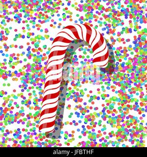 Zuckerstange auf bunte Konfetti-Hintergrund. Bunte Konfetti Muster Stock Vektor