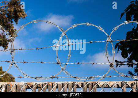 Stacheldraht und Stacheldraht am oberen Rand einen Zaun mit blauen Himmel dahinter und Laub auf beiden Seiten. Stockfoto