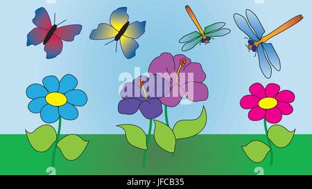 Zwei Libellen und zwei Schmetterlinge fliegen. Stock Vektor
