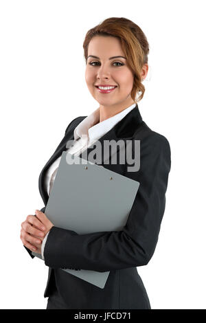 Porträt des Lächelns Geschäftsfrau hält Clipping-Pad mit Dokumenten isoliert auf weißem Hintergrund. Frauen tragen grau formellen Anzug. Business-meeting Stockfoto