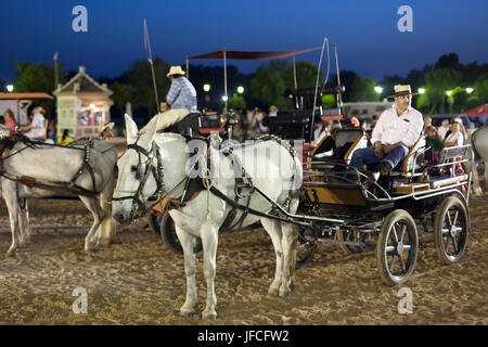 El Rocio, Spanien - 1. Juni 2017: Pferdekutsche Kutsche in El Rocio während der Wallfahrt Romeria 2017. Andalusien, Spanien Stockfoto