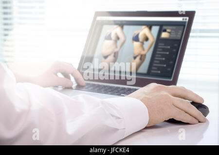 Professionelle Bildbearbeitung Retusche ein Bild einer Frau. Transformierende Mädchen dünner und schlank mit Bearbeitungs-Software. Schönheitskonzept Normen. Stockfoto