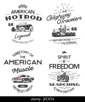 Satz von Typografie Logo der Muscle-Car, LKW, Motorrad und Hot Rod isoliert auf weißem Hintergrund. T-Shirt-print-Design. Stock Vektor