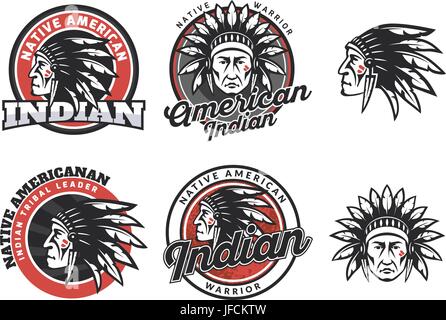 Satz von indianischen Runde Logos, Abzeichen und Embleme, die isoliert auf weißem Hintergrund. Gesicht der amerikanischen Indianer. Stock Vektor