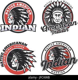 Satz von indianischen Runde Logos, Abzeichen und Embleme, die isoliert auf weißem Hintergrund. Gesicht, Kopf der amerikanischen Indianer. T-Shirt-print-Design. Stock Vektor