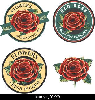 Satz von Vintage Blumen-Logo, Abzeichen und Embleme. Vektor-Illustration isoliert auf weißem Hintergrund. Rote Rose mit Blättern. Stock Vektor