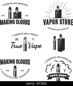 Satz von Vape, e-Zigarette Logos, Embleme und Abzeichen isoliert auf weißem Hintergrund. Vintage Vektorgrafik. Stock Vektor