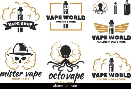 Satz von Vape, e-Zigarette Logos, Embleme und Abzeichen isoliert auf weißem Hintergrund. Vintage Vektorgrafik. Stock Vektor
