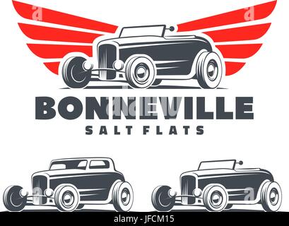 Retro-Hot Rod mit stilisierten Flügel-Logo. Bonneville Salt Flats Racing Emblem. Roadster und Coupe isoliert auf weißem Hintergrund. Stock Vektor