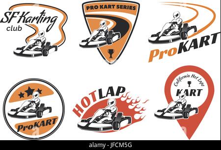 Satz von Kart-Rennen, Embleme, Logos und Symbole. Vektor-Illustration mit Kart-Elementen. Kart Racer mit Helm. Stock Vektor