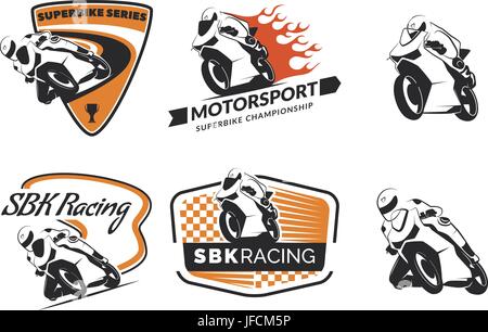 Satz von racing Motorrad Logo, Abzeichen und Symbole. Motorrad-Reparatur, Service und Motorrad-Club Design-Elemente. Superbike-Racing-Team-Logo. Vektor. Stock Vektor