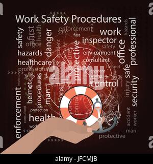 Das Konzept der Arbeit Sicherheitsverfahren. Vektor-Illustration für Ihr Design. Text auf einem roten Hintergrund. Der Arm unterstützt die Inschrift mit einem Rettungsring und eine Stock Vektor