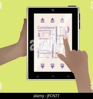 Compliance-Konzept. Vektor-Illustration für Ihr Design. Text auf weißem Hintergrund. Eine Hand hält einen Smartphone Tablet und weist mit dem finger Stock Vektor