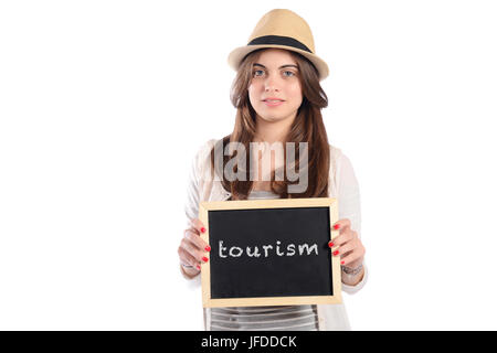 Porträt von Latin-Frau mit Tafel mit Text "Tourismus". Reisekonzept. Isolierten weißen Hintergrund. Stockfoto