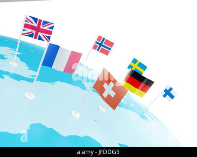 3D Illustration. Europakarte mit Ländern Fähnchen gekennzeichnet. Konzept der Europäischen Union. Isolierten weißen Hintergrund Stockfoto