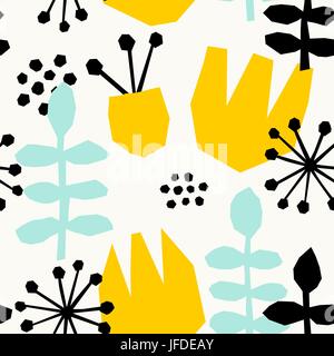 Nahtlose wiederholendes Muster mit geometrischen und floralen Elementen in gelb, schwarz und Pastell blau auf weißem Hintergrund. Stock Vektor