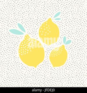 Nette Kartendesign mit Zitronen gelb auf schwarz / weiß Dots Muster Hintergrund. Frische und moderne Kunst, T-shirt, Verpackung Wandgestaltung. Stock Vektor