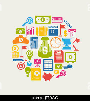 Abbildung bunt Business und Finance Objekte, flache Symbole im minimalistischen Stil- Stockfoto