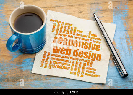 Responsive Web Design Wortwolke auf einer Serviette mit einer Tasse Kaffee Stockfoto