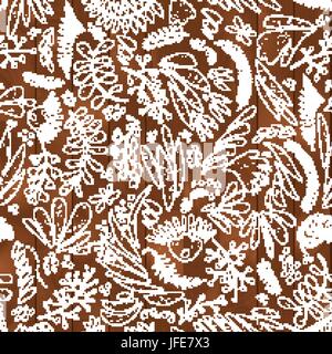 Floral und Blume Vektor nahtlose Muster auf hölzernen Hintergrund. Skizzierte Cartoon Blumen Stock Vektor