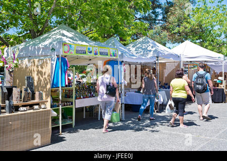 Käufer an der Salt Spring Island Markt am Samstag. Salt Spring Island, British Columbia, Kanada. Stockfoto