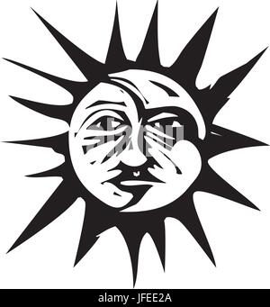 Holzschnitt-Stil Bild von Sonne und Mond Gesicht Stock Vektor
