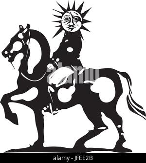Holzschnitt-Stil Bild von Sonne und Mond Gesicht Reiten auf dem Pferd Stock Vektor