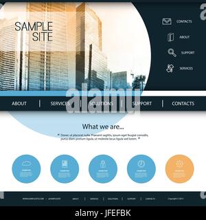 Moderne bunte Website gestalterischen Element Template Layout mit sonnigen Stadtbild Skyline Bild-Header, Tall Office Building und Urban Design Stock Vektor