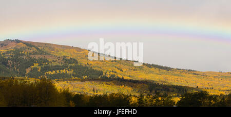 Vorbeifahrenden Regenschauer erstellen einen Regenbogen der Bäume drehen Farbe im Herbst Stockfoto