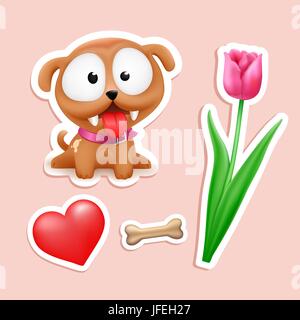 Süße Welpen In Liebe, Tulpe, Herz, Knochen Stock Vektor