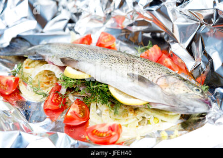 Vorbereitung der Forelle, Fenchel, gehackt, Tomaten, Kräuter, Stockfoto