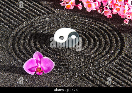 Japanischer Zen-Garten, Yin und Yang Stein, Blüten, Stockfoto