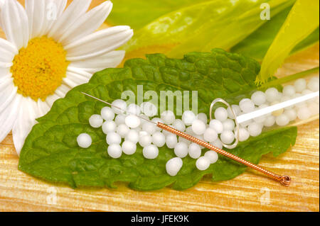 Alternative Medizin mit homöopathischen Globulis und Akupunktur-Nadel Stockfoto