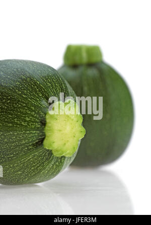 Runde Zucchini oder Zucchini Cucurbita Pepo vor weißem Hintergrund Stockfoto