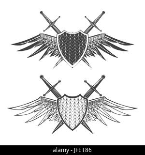 Zwei Schilde mit Schwertern und Flügel. Ritter oder heraldische Design-Elemente. Vektor-Illustration isoliert auf weiss. Stock Vektor