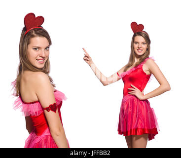 Mädchen im hübschen rosa Kleid isoliert auf weiss Stockfoto