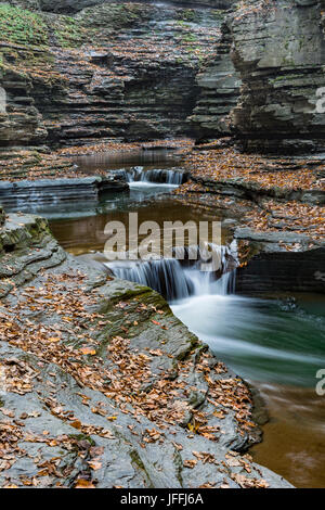 Glen Creek fließt durch die Schlucht in Watkins Glen State Park, Schuyler Co., NY Stockfoto
