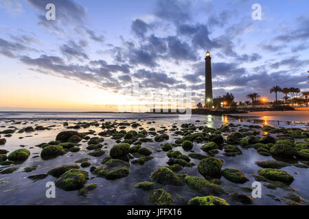 Sonnenuntergang am Leuchtturm von Maspalomas, Gran Canaria Stockfoto