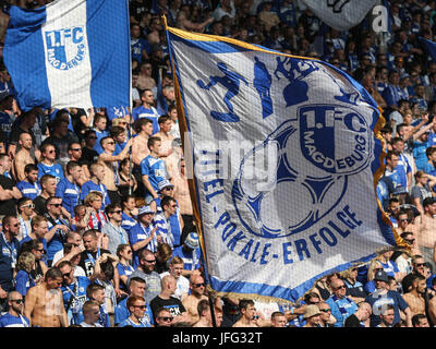 Fanblock 1.FC Magdeburg. Stockfoto